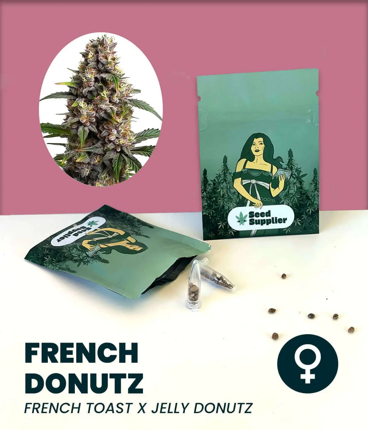French Donutz Cannabissamen mit Blütenfoto, Samentütchen, Samen und Verpackung von Seed Supplier