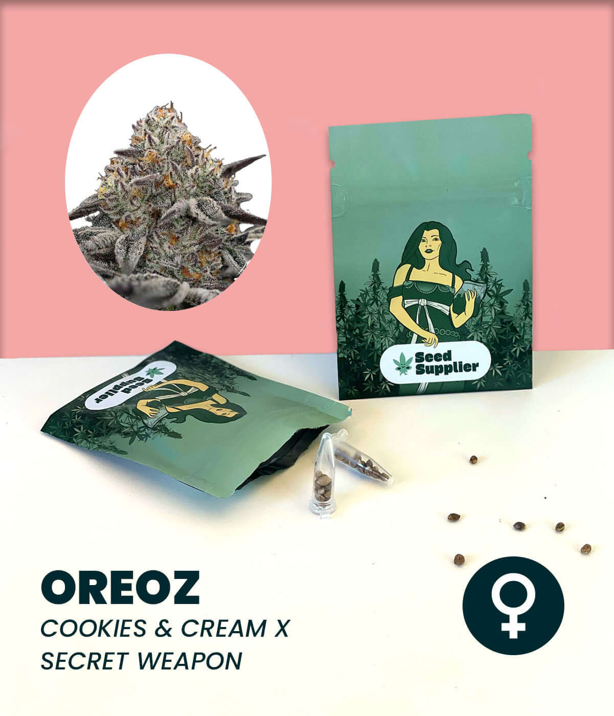 Oreoz cannabis seeds packaging featuring a woman, showcasing hybrid Cookies & Cream x Secret Weapon genetics.