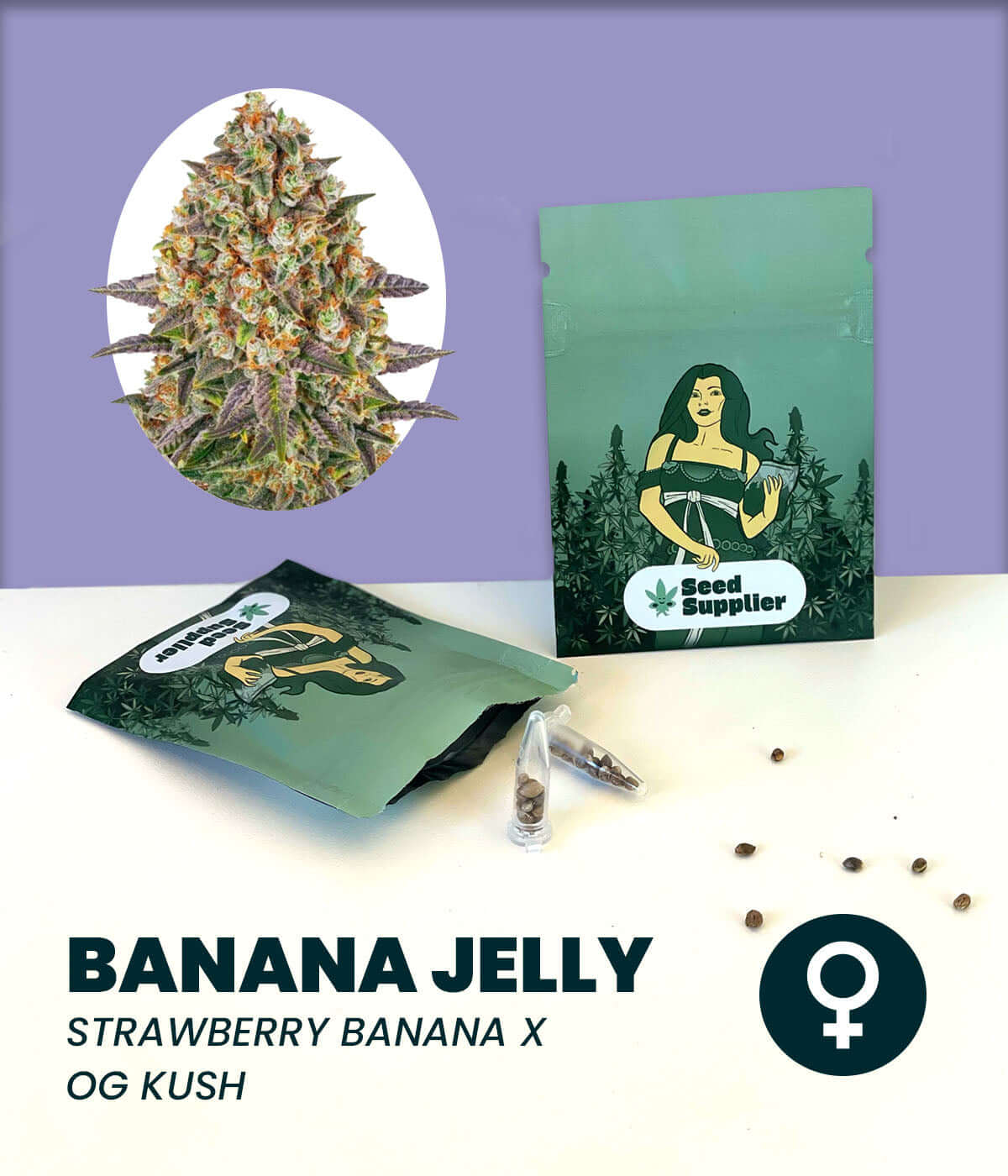 Banana Jelly cannabis seeds featuring Strawberry Banana x OG Kush strain with packaging and seeds displayed.