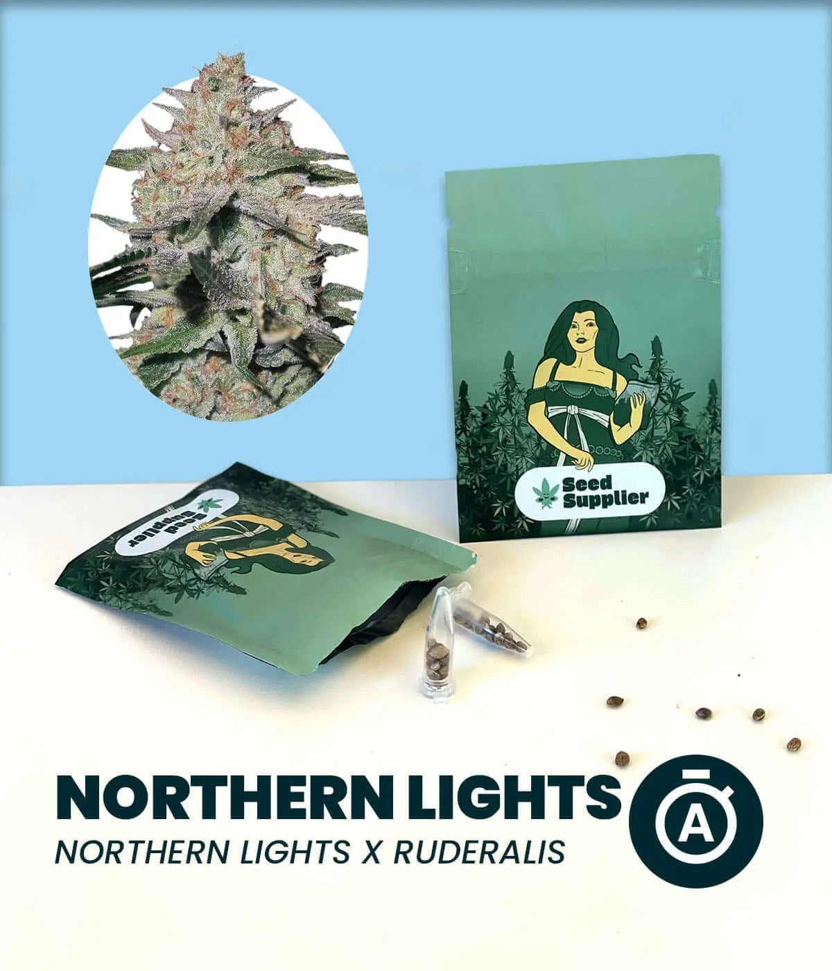 Northern Lights Automatic cannabis seeds packaging featuring strain genetics and product details.