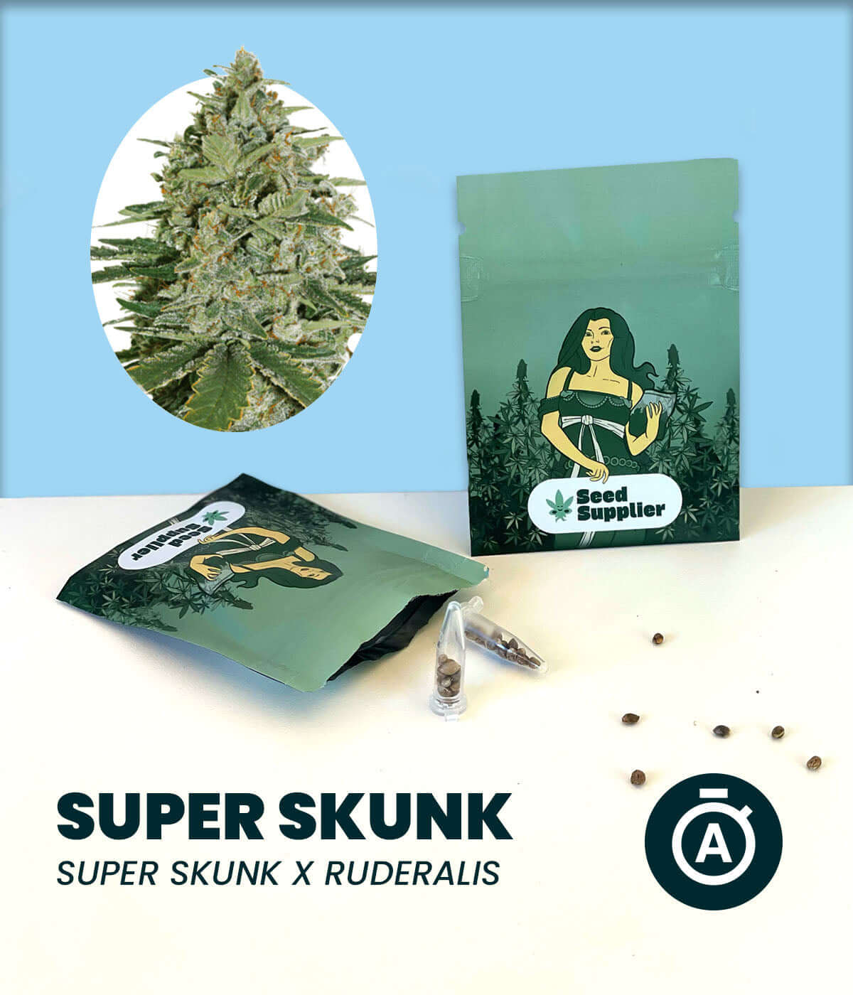 Super Skunk Automatic cannabis seeds packaging with detailed strain information and image of plant.