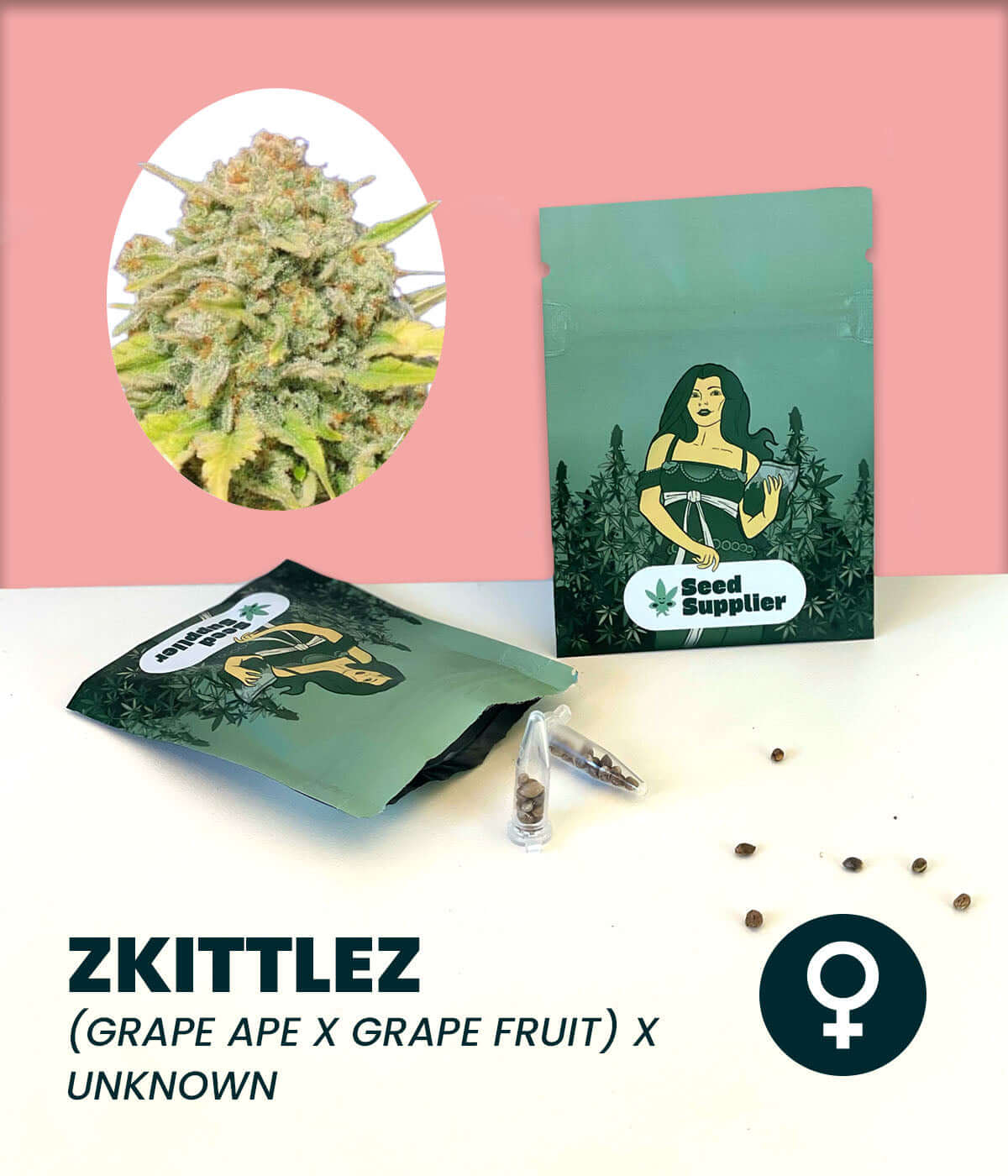 Zkittlez cannabis seeds packaging showcasing hybrid strain with floral background and product details.