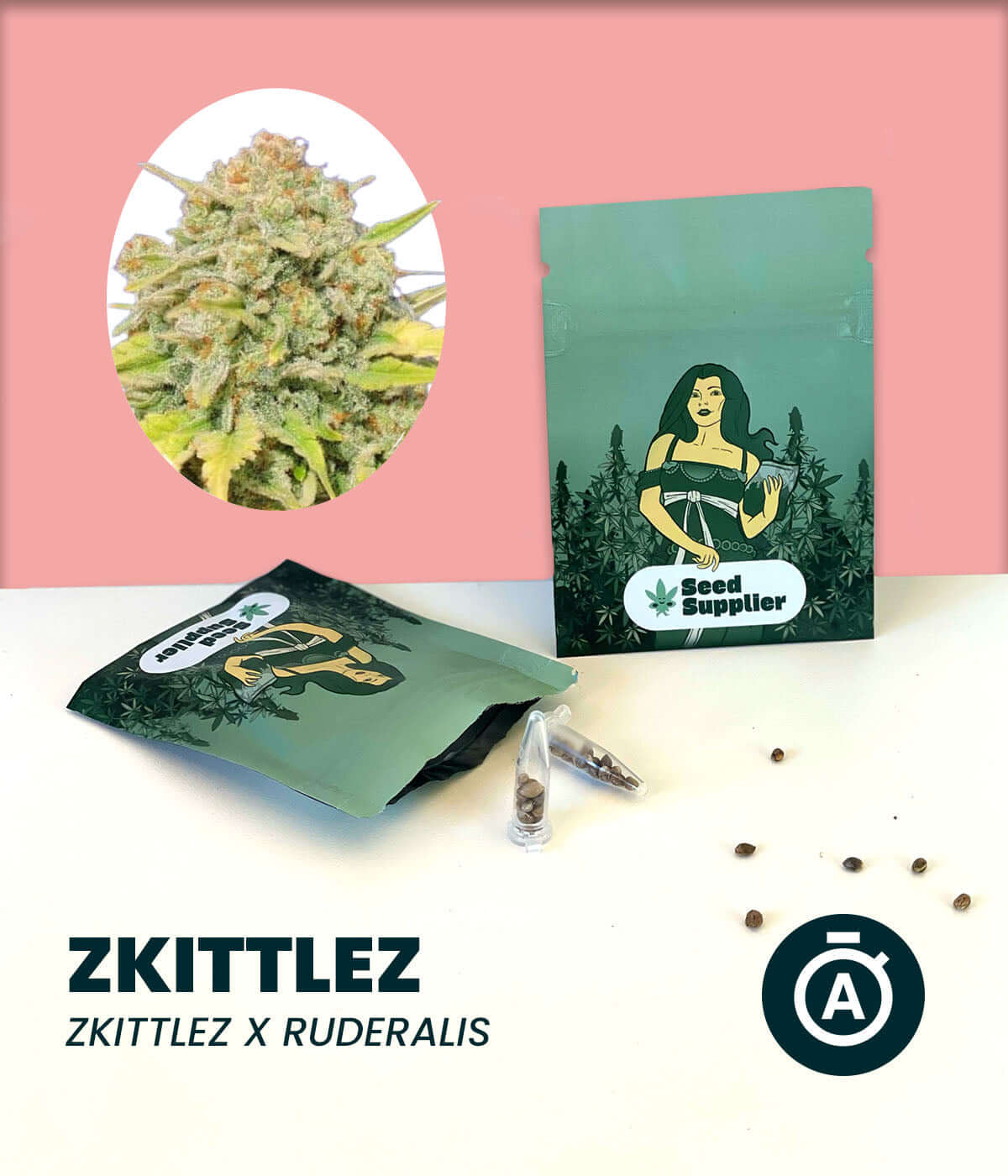 Zkittlez Automatic cannabis seeds packaging with indica-dominant strain visual, featuring sweet-fruity aroma.