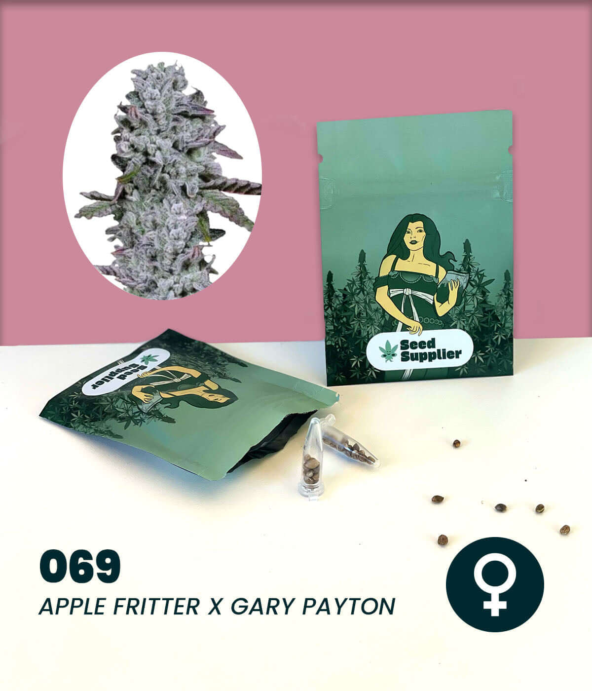 Feminized cannabis seeds 069, hybrid of Apple Fritter and Gary Payton with 23-25% THC, displayed with packaging.