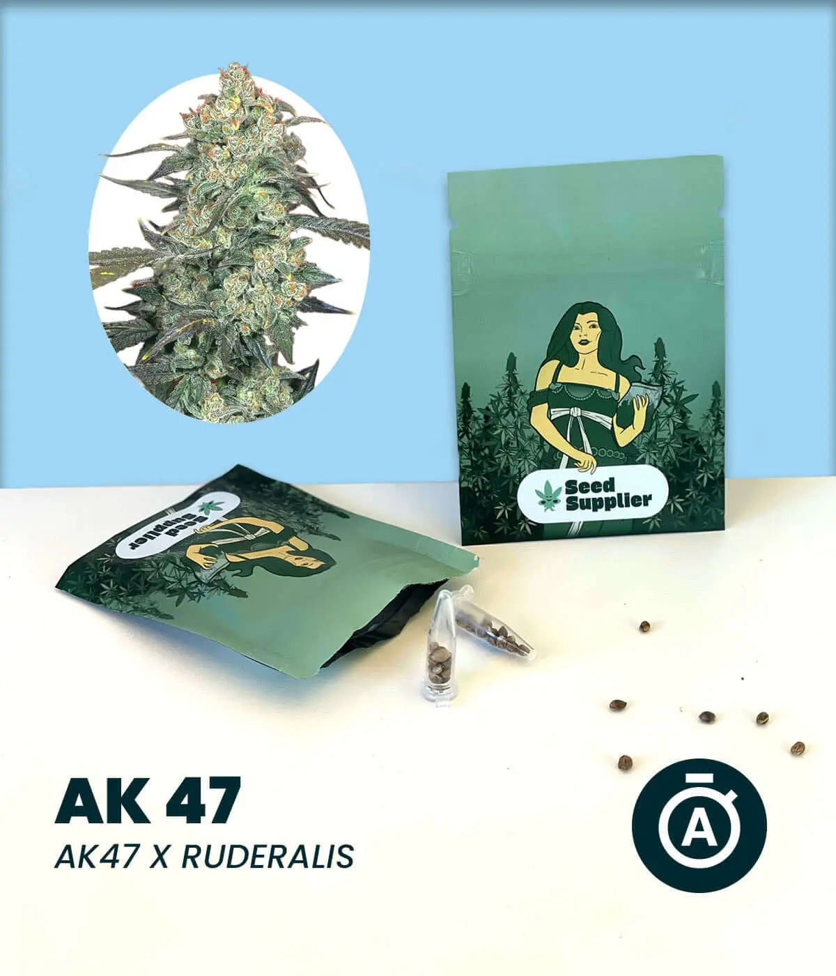 AK 47 Automatic cannabis seeds pack featuring Ruderalis genetics with a vibrant design.