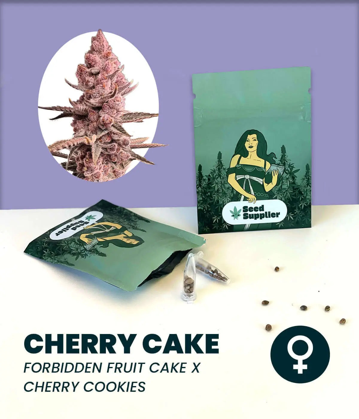 Cannabis-Samen Cherry Cake packaging featuring Forbidden Fruit Cake x Cherry Cookies strain with seeds visible.