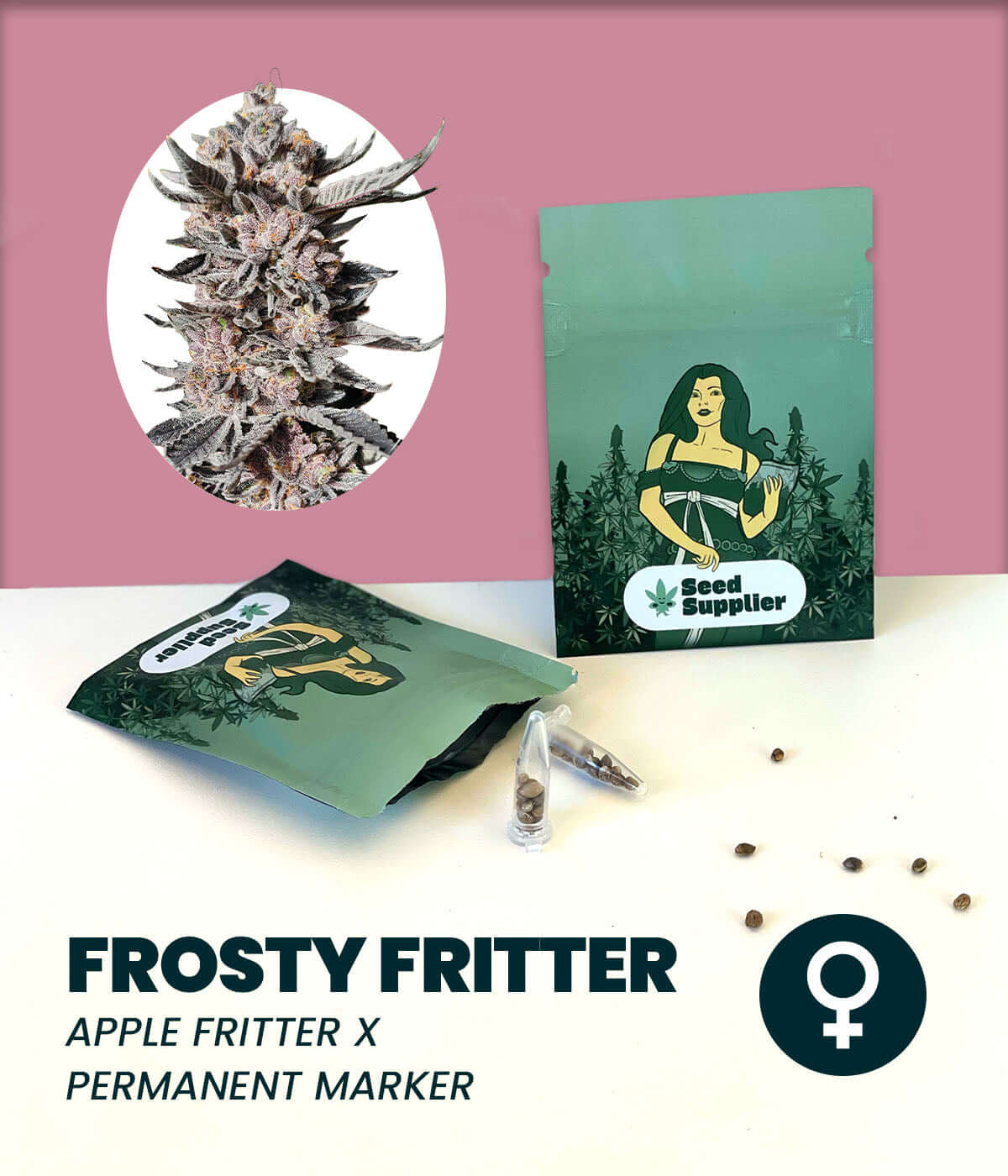 Frosty Fritter cannabis seeds packaging featuring Apple Fritter and Permanent Marker hybrid with high THC content.