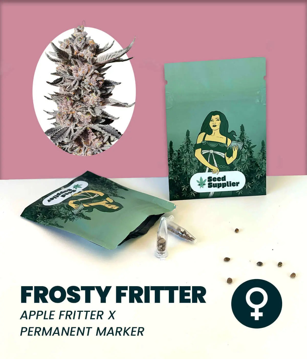 Frosty Fritter cannabis seeds packaging featuring Apple Fritter and Permanent Marker hybrid with high THC content.