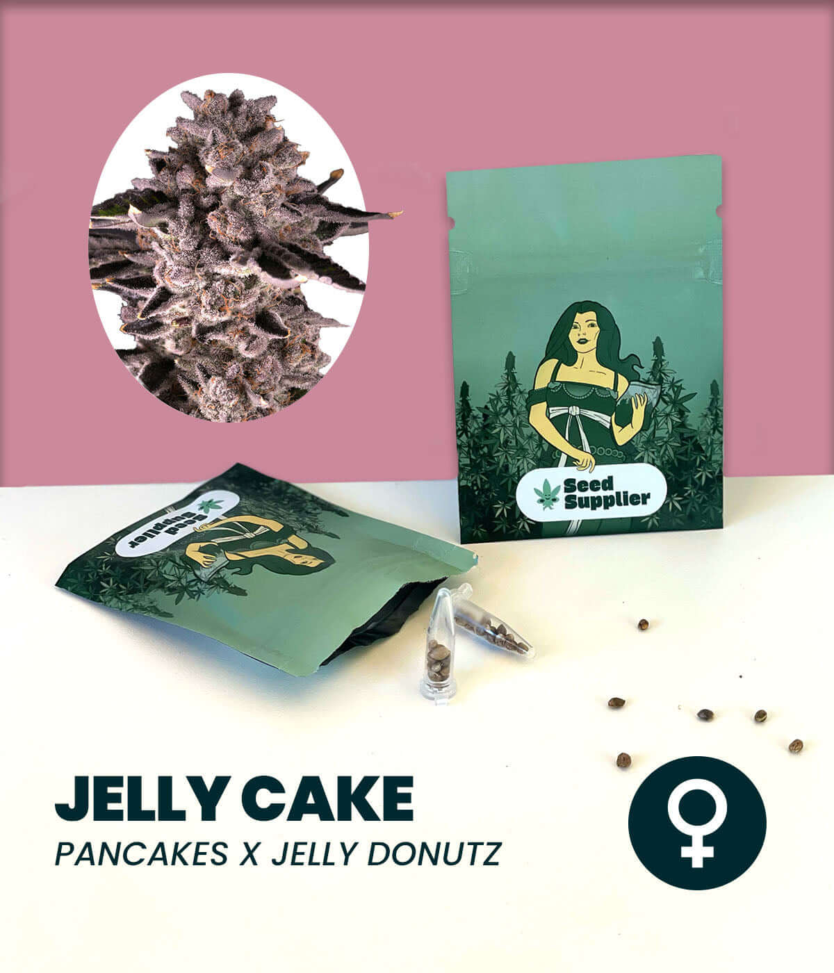 Feminized Jelly Cake cannabis seeds packaging with flowers, blending Pancakes and Jelly Donutz, image for cannabis enthusiasts.