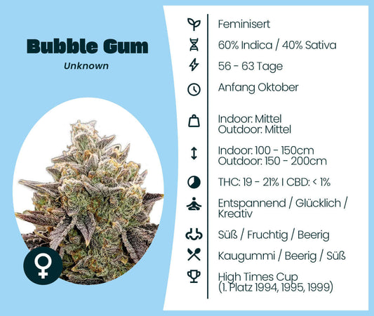 Bubble Gum Cannabis-Samen: 60% Indica, 40% Sativa, feminisiert, sweet gum flavor with award-winning genetics, premium raucherlebnis.