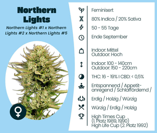 Northern Lights Cannabis-Samen, feminisierte Indica-Sorte, 80% Indica/20% Sativa, entspannende Wirkung, kurze Blütezeit, indoor/outdoor.