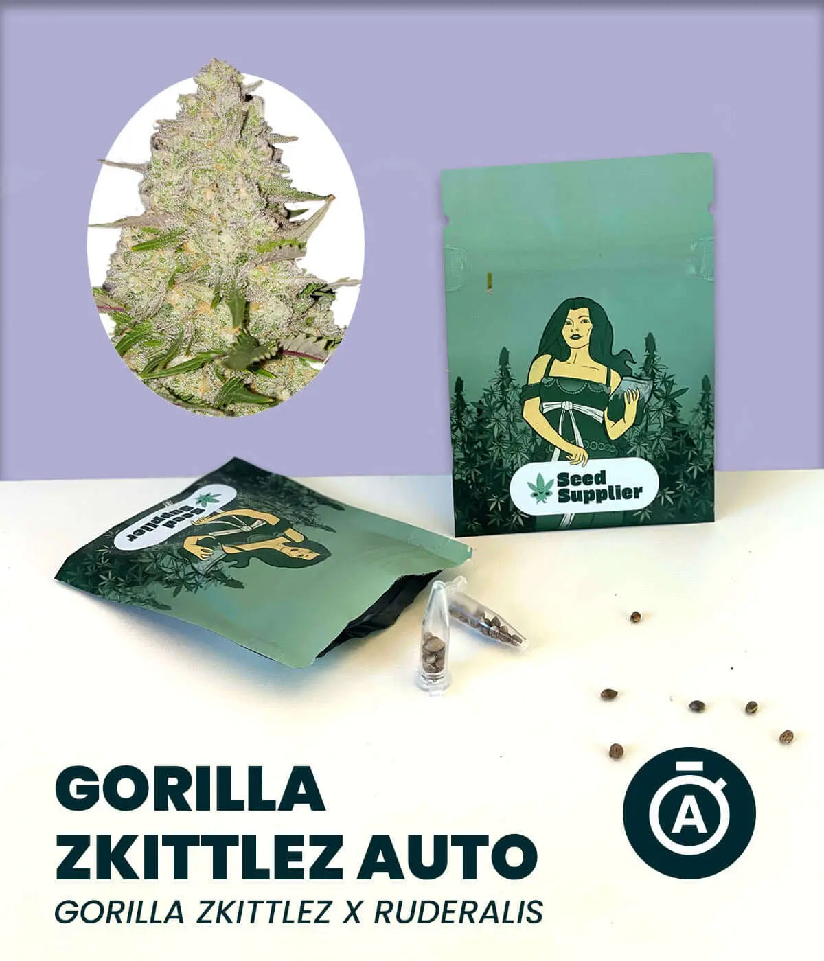 Gorilla Zkittlez Automatic Cannabis-Samen packaging and seeds with flowering plant image.