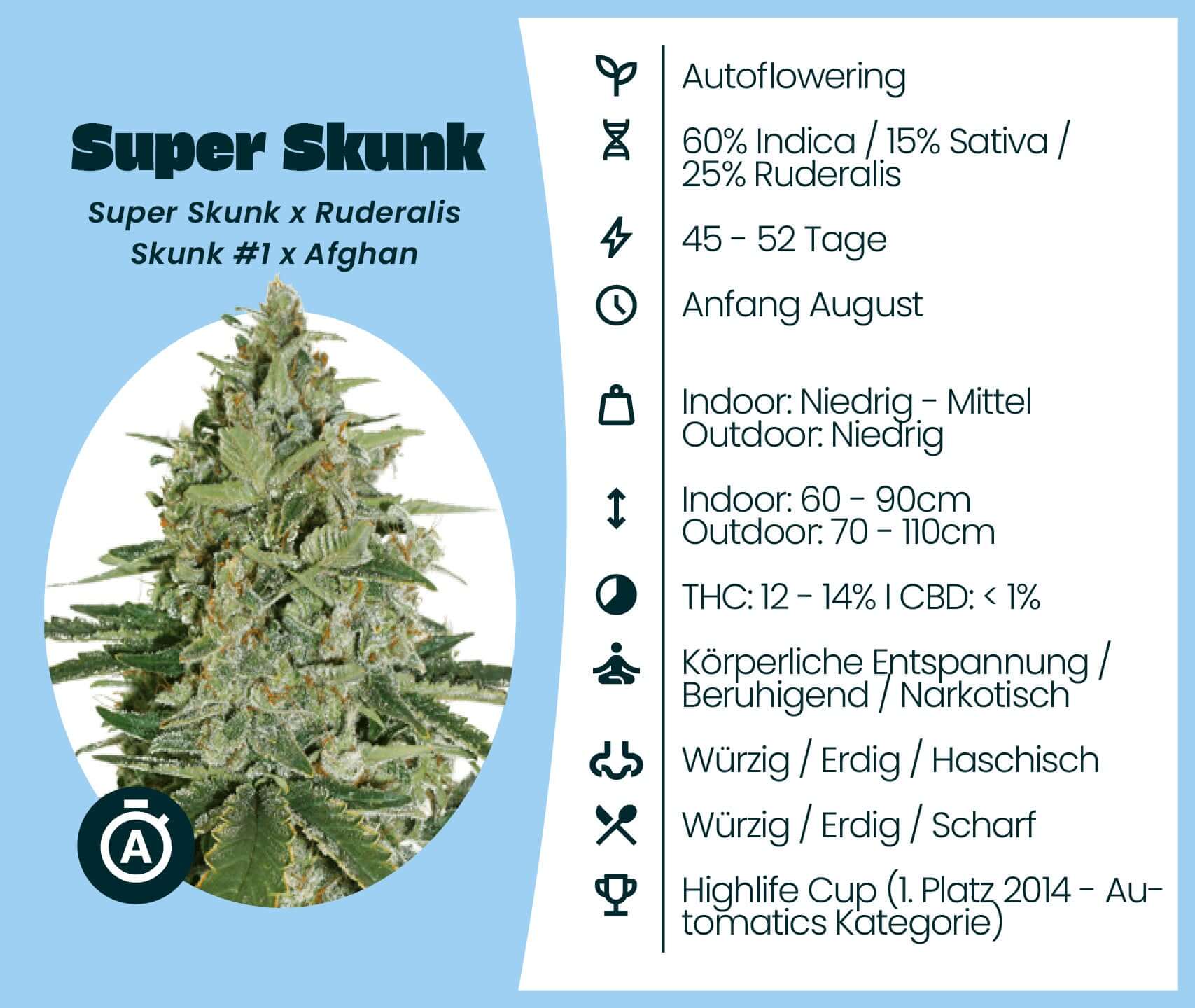 Super Skunk Automatic cannabis seeds information, featuring growth details and effects.