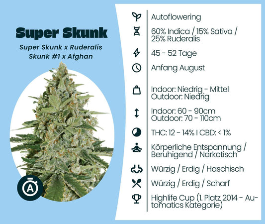 Super Skunk Automatic cannabis seeds information, featuring growth details and effects.