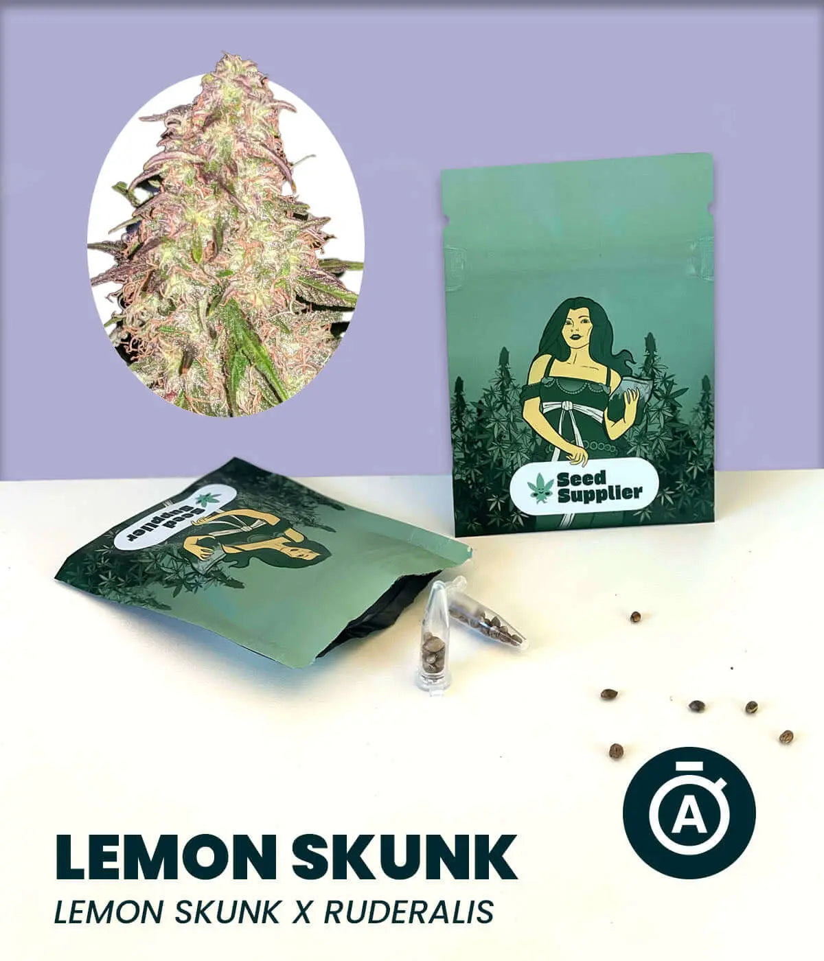 Lemon Skunk Automatic cannabis seeds packaging with image of flowering plant, showcasing hybrid traits of Lemon Skunk x Ruderalis.
