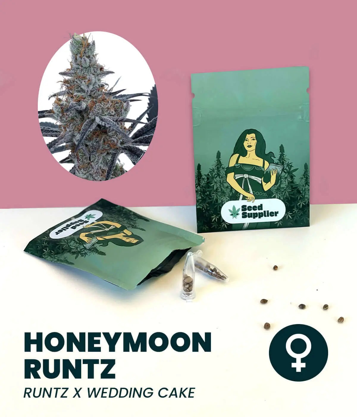 Honeymoon Runtz cannabis seeds packaging featuring Runtz x Wedding Cake strain with seeds and bud image.