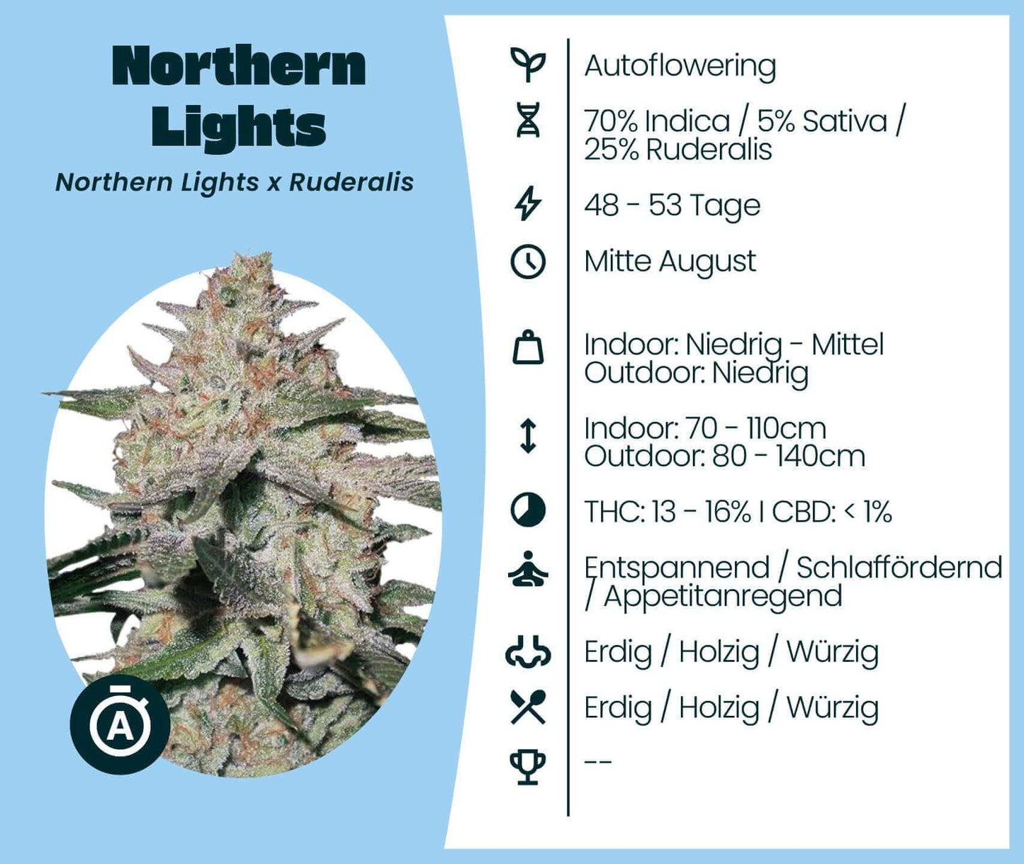 Northern Lights Autoflowering Cannabis-Samen, 70% Indica, mit erdigem, würzigem Geschmack, ideal für Innen- und Außenanbau.