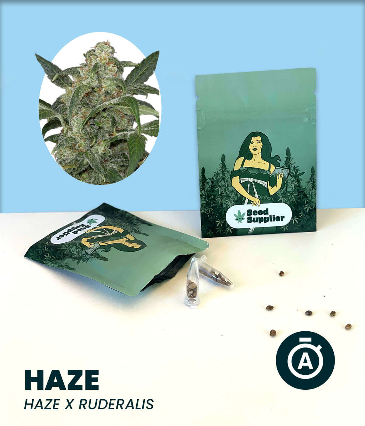 Cannabis seeds and packaging for Haze Auto, a sativa-dominant autoflowering variety with Haze x Ruderalis genetics.
