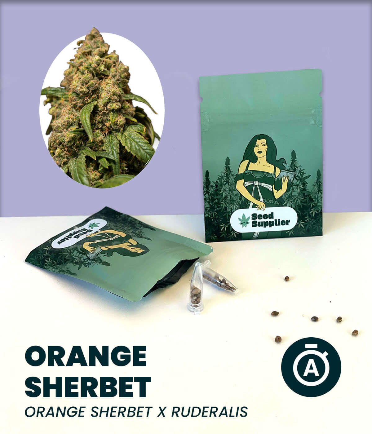 Orange Sherbet Automatic Cannabis Seeds packaging with buds and seeds.