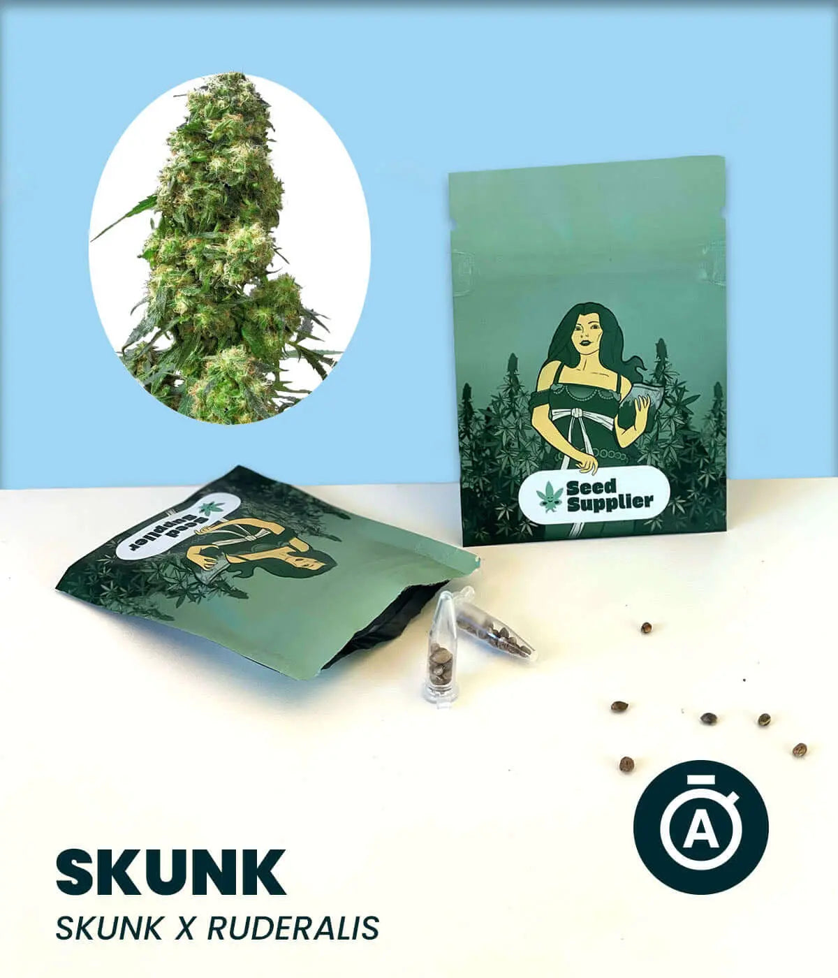Skunk Automatic cannabis seeds packaging with an illustration of a cannabis plant showing its Skunk x Ruderalis genetics.