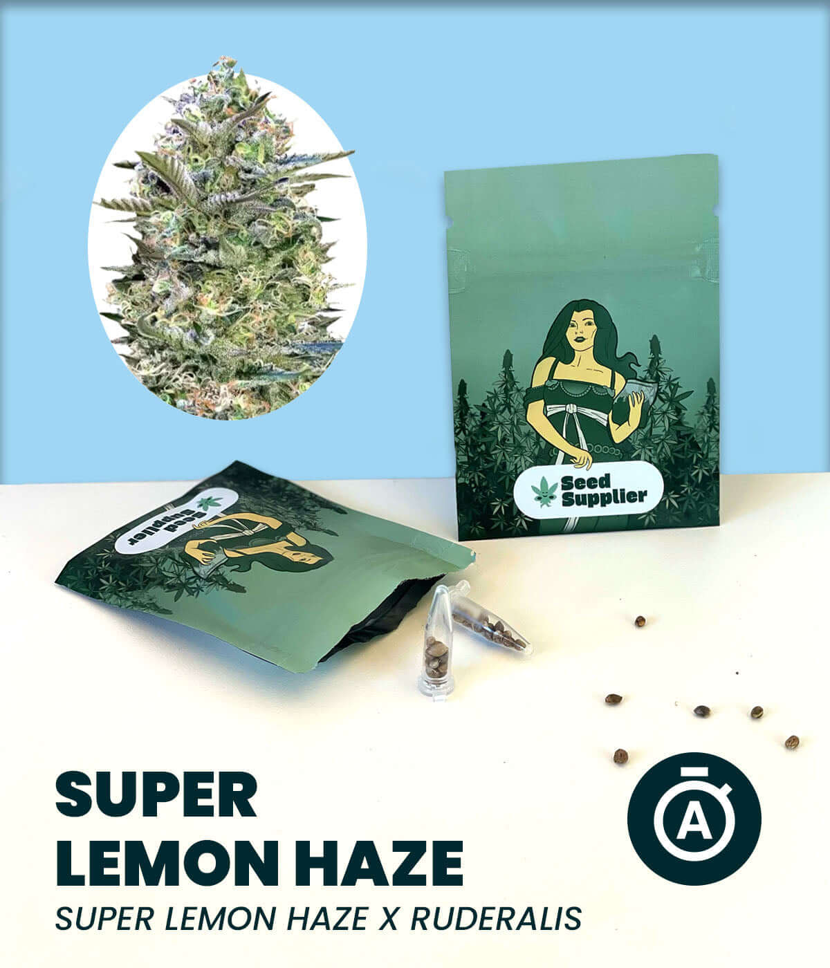 Super Lemon Haze Automatic cannabis seeds packaging with vibrant plant illustration.