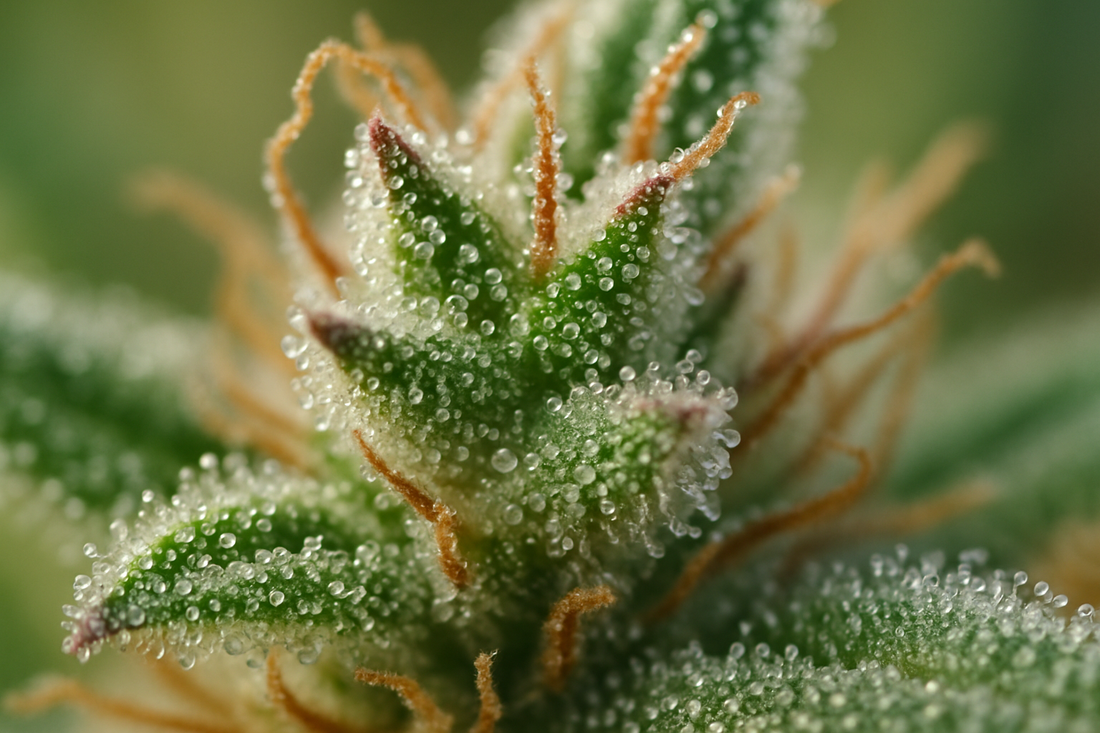 Extreme Makroaufnahme einer Cannabisblüte mit sichtbaren Trichomen, passend zum Thema Apple Fritter Cannabis Samen.