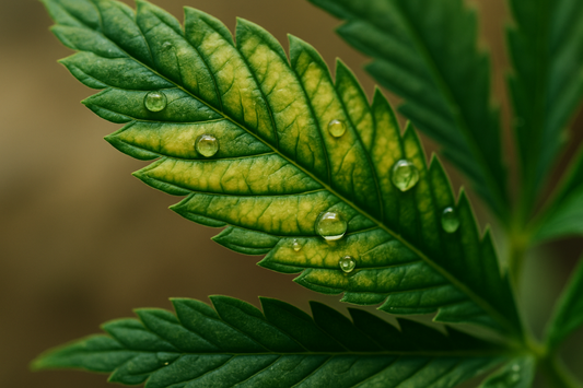 Makroaufnahme eines Cannabisblatts mit typischen Magnesiummangel-Symptomen und Wassertropfen, Fokus-Keyword Bittersalz Cannabis.