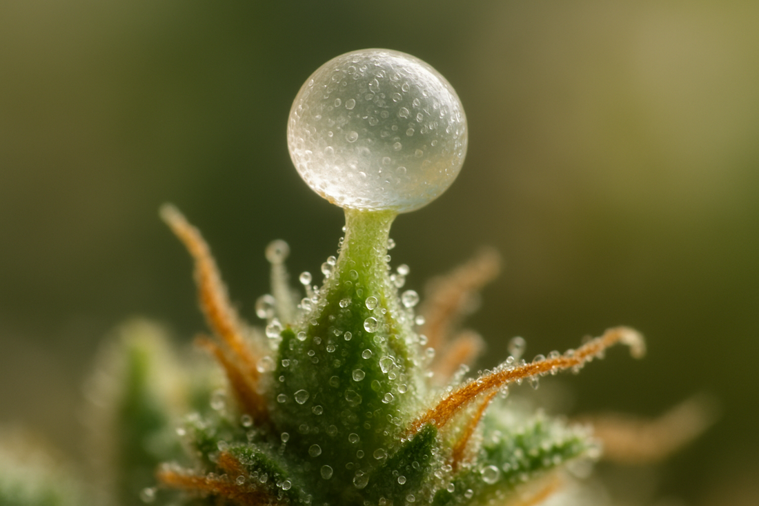 Extreme Nahaufnahme einer Cannabisblüte mit sichtbaren Trichomen, passend zum Thema Black Domina Cannabis Samen.
