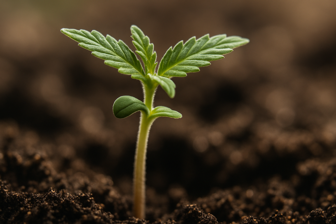 Makroaufnahme eines jungen Cannabis-Sämlings, der aus dunkler Erde sprießt