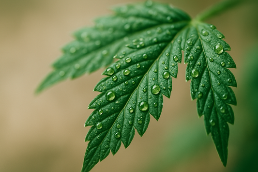 Makroaufnahme eines Cannabisblatts mit Wassertropfen, passend zum Thema cannabis regeneration.