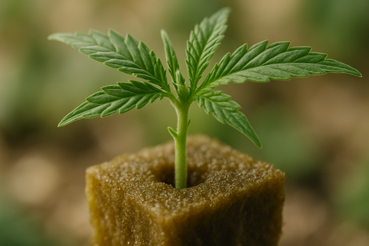 Makroaufnahme eines Cannabis Stecklings im Anzuchtwürfel, Fokus auf Stängel und Blätter