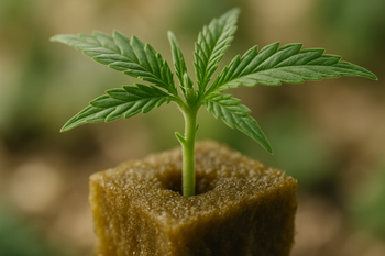 Makroaufnahme eines Cannabis Stecklings im Anzuchtwürfel, Fokus auf Stängel und Blätter