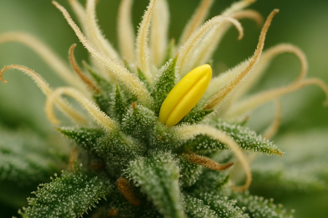 Makroaufnahme einer Cannabisblüte mit weiblichen Griffeln und einer gelben Nanobananenstruktur, typisches Merkmal für cannabis zwitter.