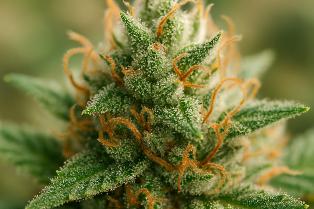 Makroaufnahme einer Cannabisblüte mit sichtbaren Trichomen, typisch für Coffeeshop Sorten.