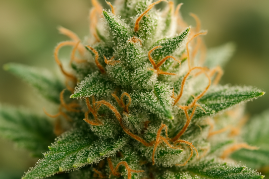 Makroaufnahme einer Cannabisblüte mit sichtbaren Trichomen, typisch für Coffeeshop Sorten.