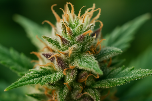 Makroaufnahme einer Cannabisblüte mit sichtbaren Trichomen, ideal zur Bestimmung des Erntezeitpunkts Cannabis.