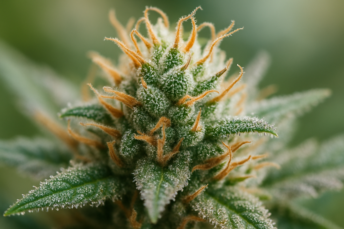 Extreme Nahaufnahme einer Cannabisblüte mit sichtbaren Trichomen, passend zum Thema Geschichte Cannabis.