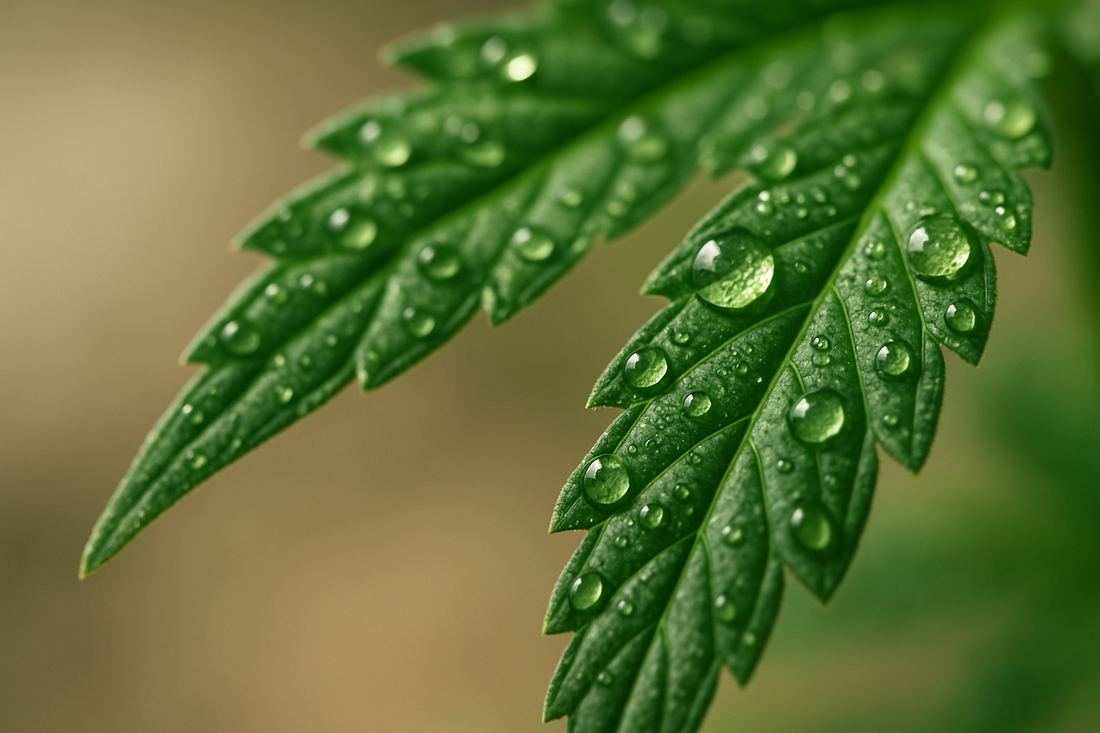 Makroaufnahme eines Cannabisblatts mit Wassertropfen, passend zum Thema indica vs sativa.