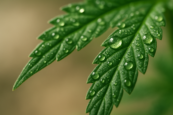 Makroaufnahme eines Cannabisblatts mit Wassertropfen, passend zum Thema indica vs sativa.